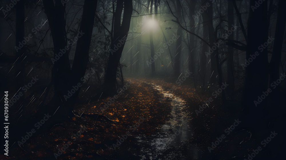 Fototapeta premium Spooky trail through a haunted woods with glowing moon and fogy in forest
