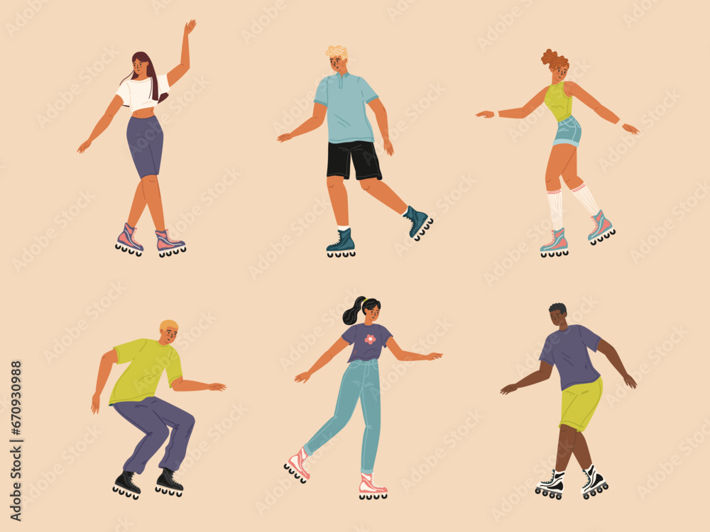 Diverse people characters roller skating feeling happy isolated set