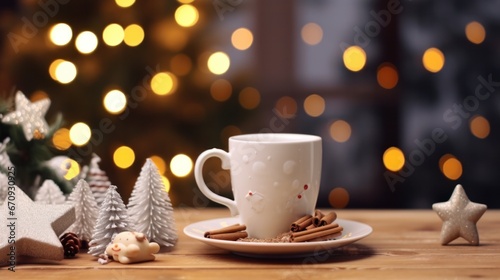  Christmas Coffee and Milk on Chopping Board with Decorations for a Cozy Hot Refreshment