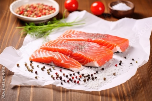 salmon steak on paper with sea salt and peppercorns