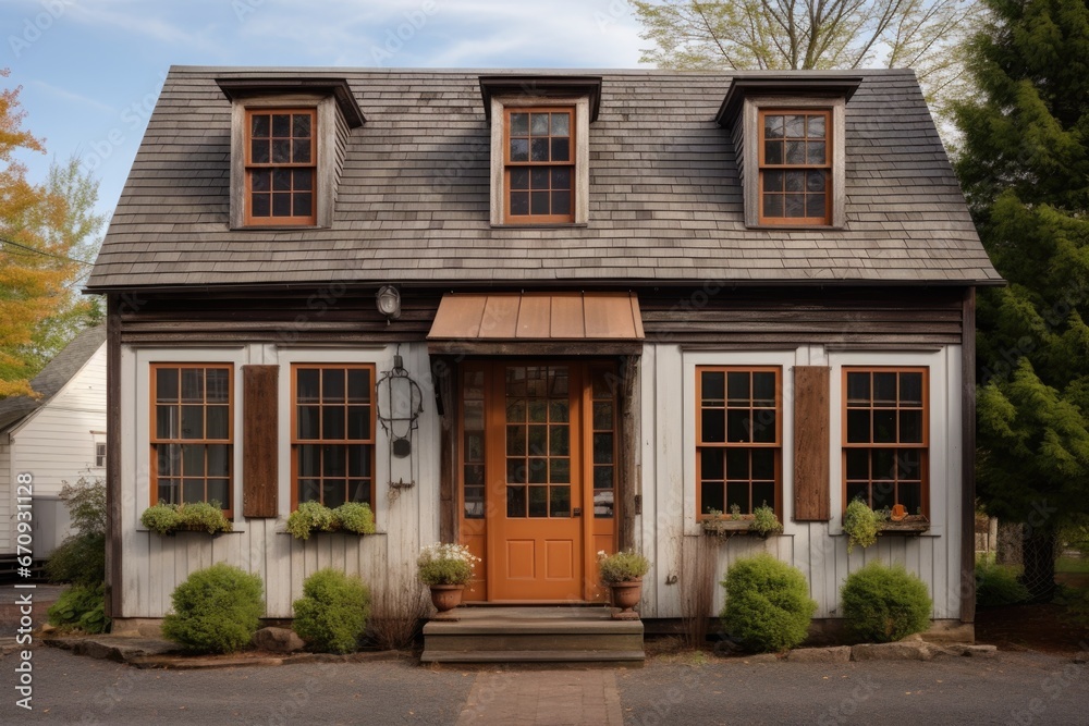 saltbox style property with carved wooden shutters