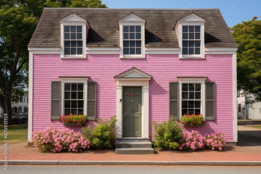 pink shutters on a charming saltbox house