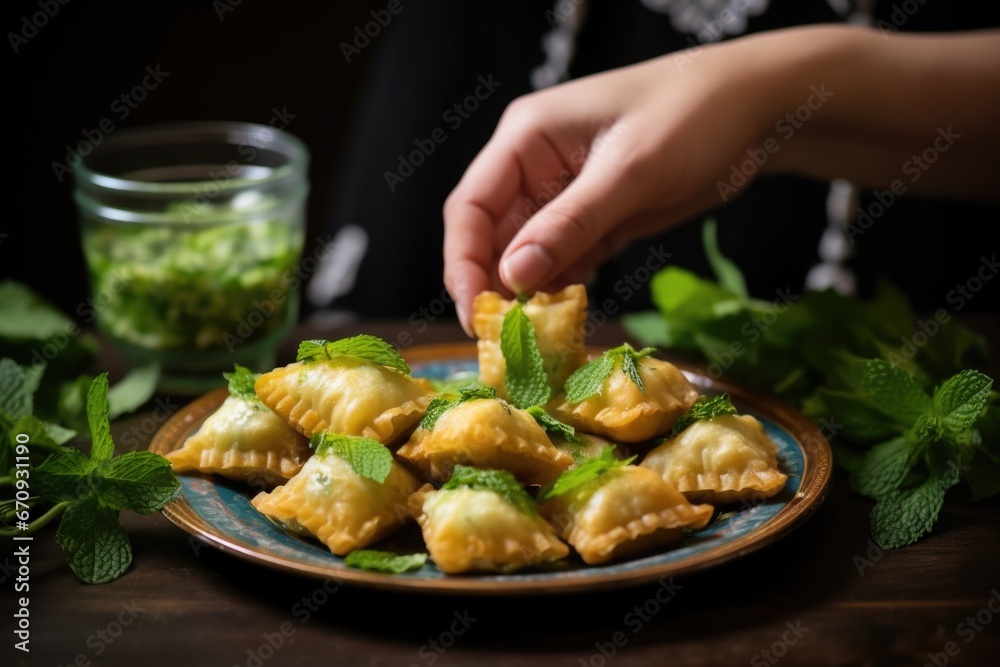 hand garnishing samosas with mint leaves hand garnishing samosas with mint leaves
