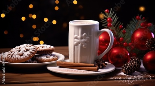  Cuppa: A Christmas-Themed Coffee Creation with Milk, Freshness, and Cheerful Decorations on a Wooden Board
