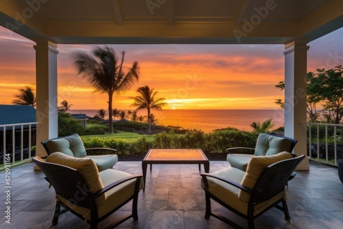 shingle home patio overlooking the sunset over the sea © altitudevisual