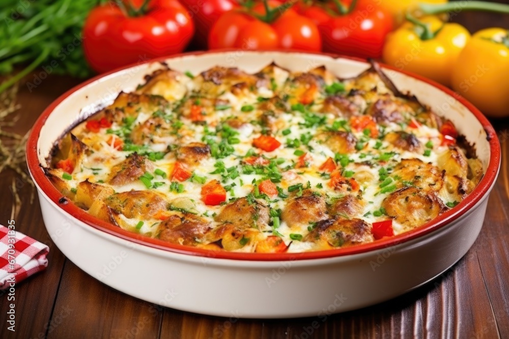 sausage in a ceramic casserole dish in an oven sausage in a ceramic casserole dish in an oven