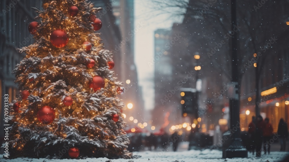 Obraz premium Winter Scene in Downtown Chicago with Michigan Ave Shopping and Lake Views during the Holidays