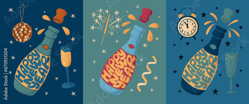 New year hand drawn typographic compositions. Trendy composition in retro style for posters, cards, shirt print social media. Flat hand drawn slogan Happy New Year in a shape of champagne bottle