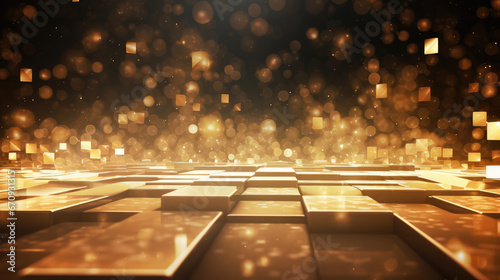3D Abstract background with golden squares and glowing lights photo