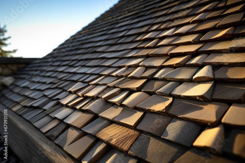 detail of wooden shingles with stone base in shadows