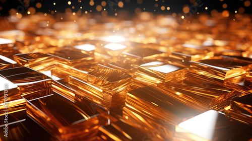 3D Abstract rendering of golden cubes. Sci-fi background.