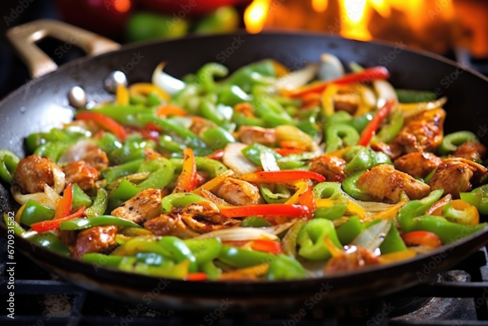 spicy sausages sizzling amidst green bell peppers on a skillet
