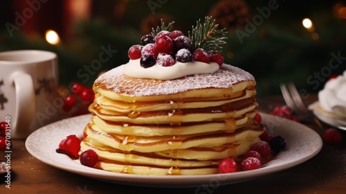 Holiday Stack of Pancakes with Fruit Compote on Rustic Table: Delicious American-style Battercakes for Winter Breakfast in Vintage Dessert Dish Setting