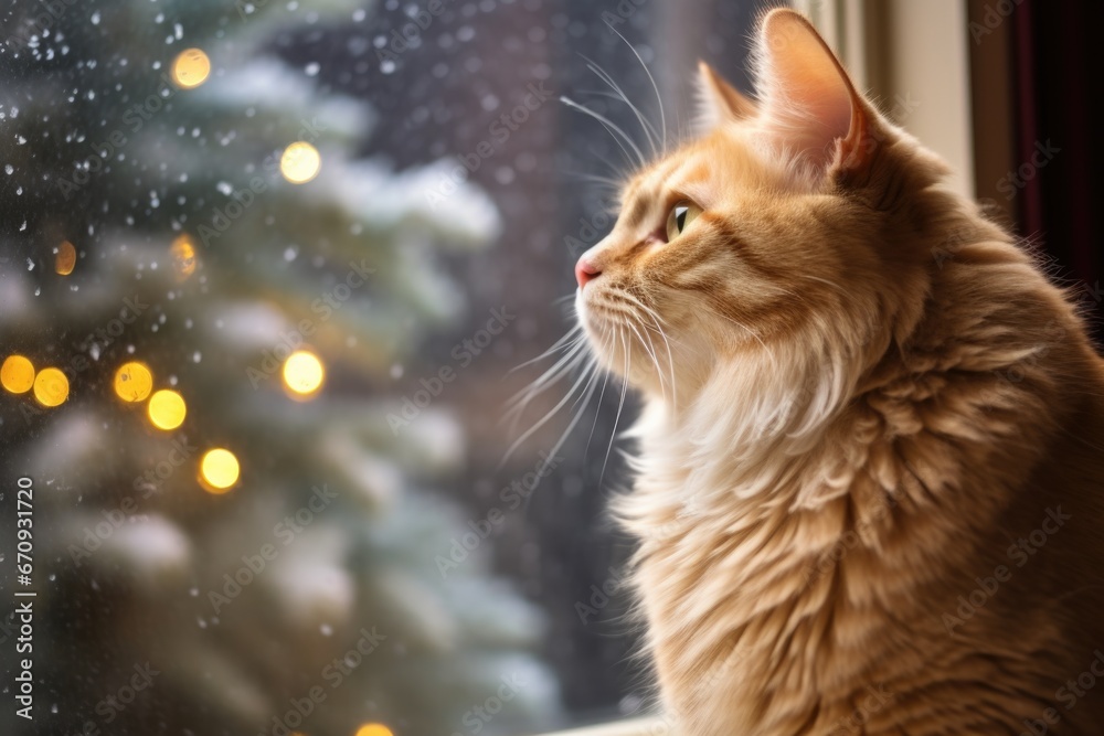 cat watching snowflakes fall from a warm indoor perch