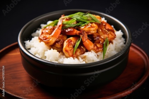 bbq shrimp placed on white rice in a dark bowl
