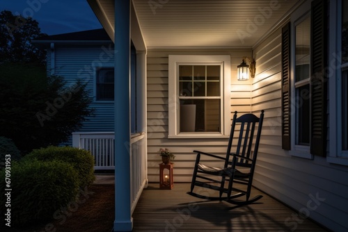 porch light detailing with rocking chair and farmhouse © altitudevisual