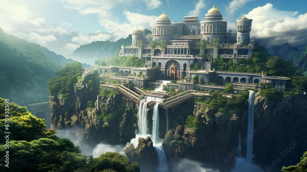 an isometric anime castle nestled on the edge of a cascading waterfall, surrounded by lush, terraced gardens and misty mountain peaks, as if captured by an HD camera. - obrazy, fototapety, plakaty 