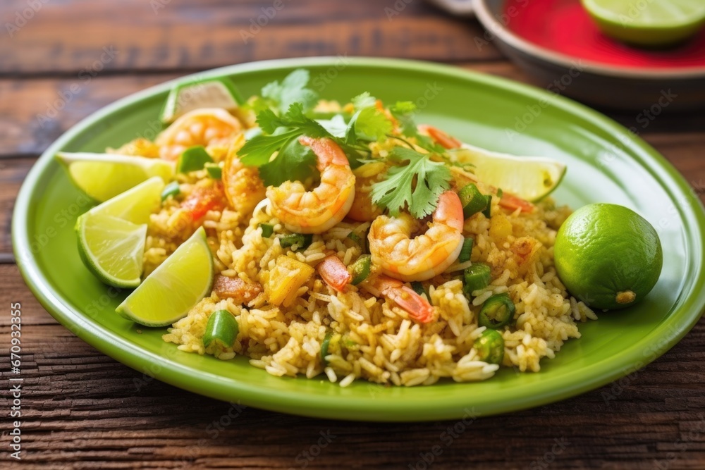 chili lime brushed shrimp on a fried rice plate