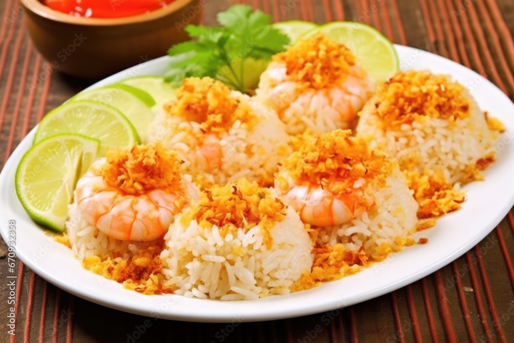 shrimp mixed with rice coated in chili lime sauce shrimp mixed with rice coated in chili lime sauce