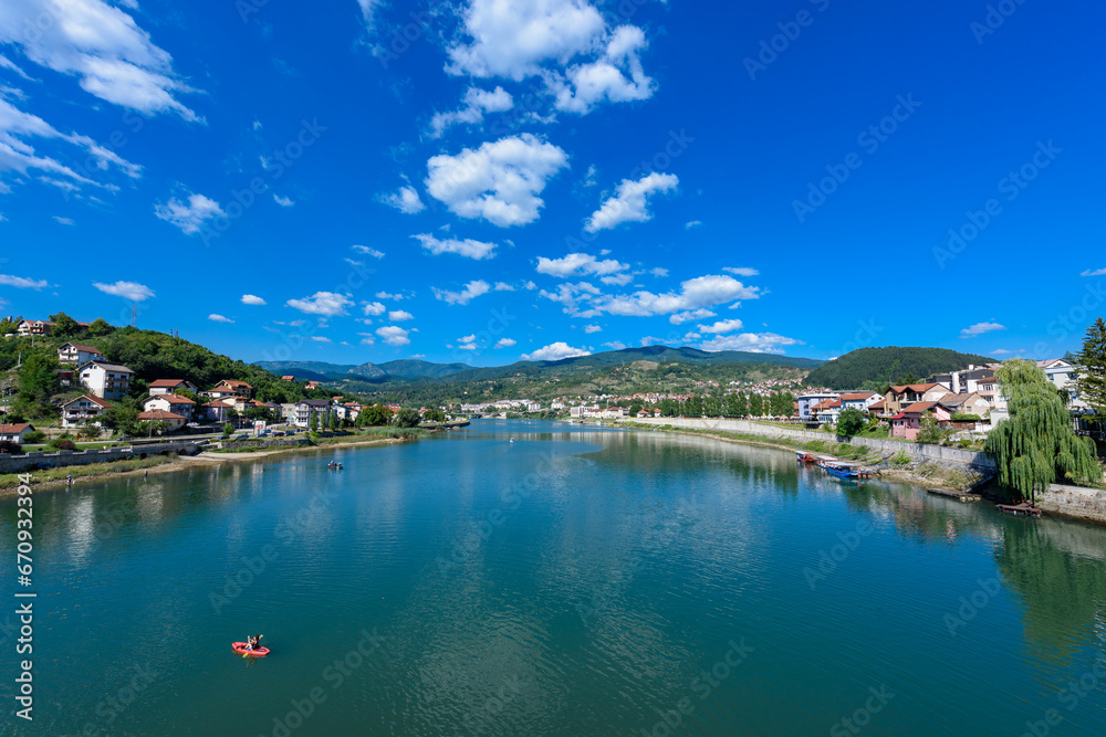 Visegrad, Republic of Srpska, Bosnia and Herzegovina - August 13, 2023: View of the city of Visegrad in Bosnia and Herzegovina and the Drina River 