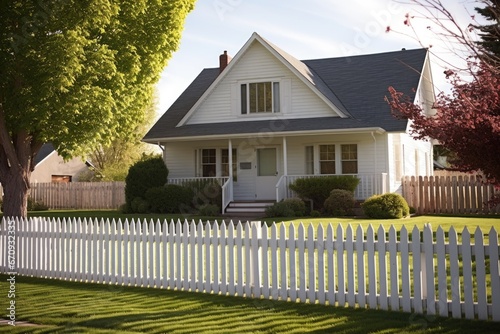 a house in the suburbs with a white picket fence