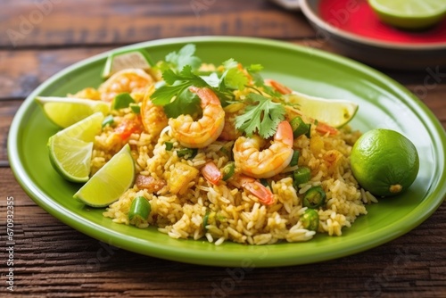 chili lime brushed shrimp on a fried rice plate
