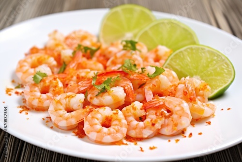 shrimp garnished with lime wedges and chili flakes