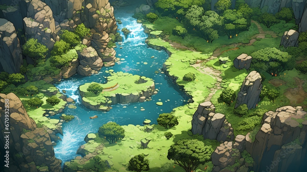 an isometric anime isle with emerald-green meadows, a cascading waterfall, and a tranquil pond, where magical creatures roam free, as if captured by an HD camera. - obrazy, fototapety, plakaty 