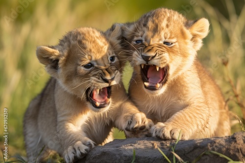 two lion cubs play-fighting