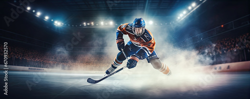 ice hockey player ready to goal. copy space for text. photo