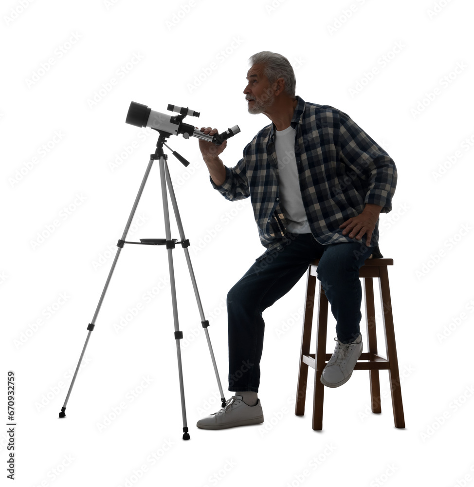 Senior astronomer with telescope on white background