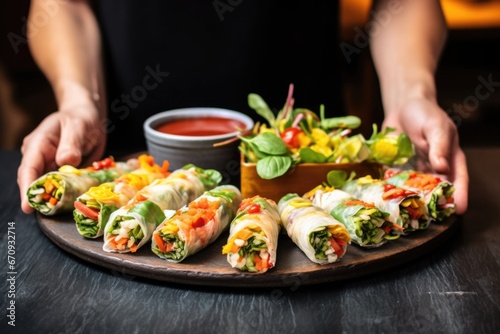 hand serving spring rolls on a trendy slate platter