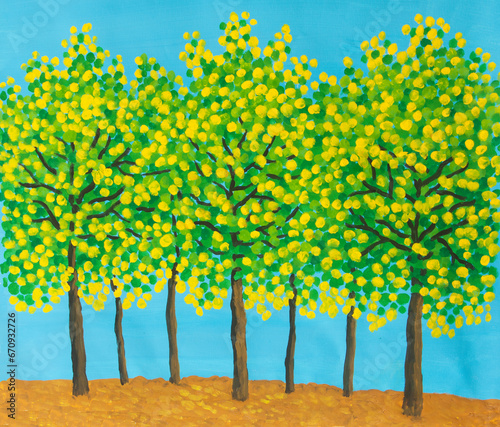 Yellow-green trees on blue sky painting