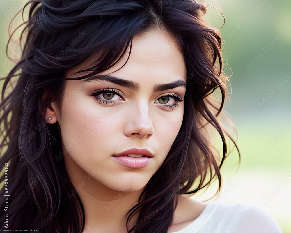 Naklejka premium Portrait of a brunette girl, outdoors. Generative AI