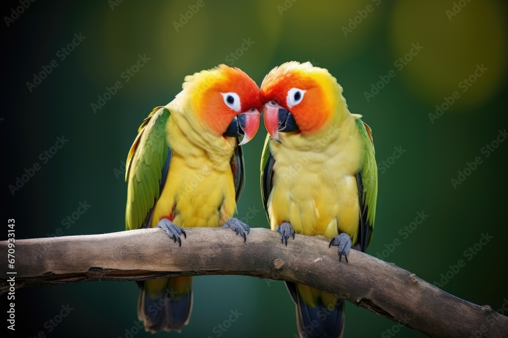 Obraz premium two parrots sitting together on a branch