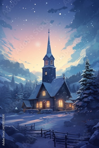 Village church with a starry Christmas sky classical