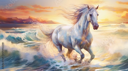 phantasmal iridesant enchanting white horse galloping on a pristine beach during a vibrant sunset  waves crashing  golden sand  a feeling of freedom and tranquility  Artwork  watercolor painting