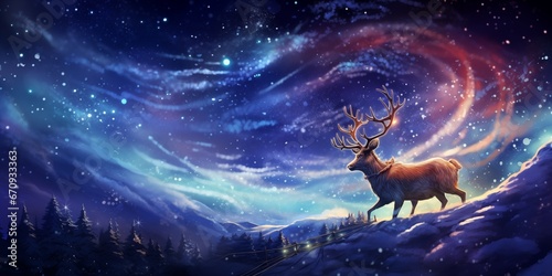 Reindeer Hiran pulling Santas sleigh through the night sky photo