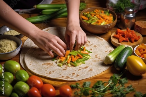 hands wrapping up vegetable kurma in flatbread