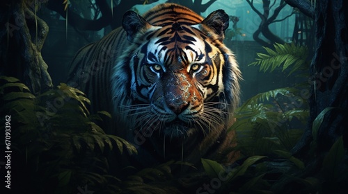 phantasmal iridesant majestic tiger in a moonlit jungle, its fur illuminated by the silvery glow, vibrant and dense vegetation, a sense of quiet mystery © Ghouri