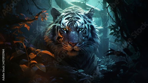 phantasmal iridesant majestic tiger in a moonlit jungle  its fur illuminated by the silvery glow  vibrant and dense vegetation  a sense of quiet mystery