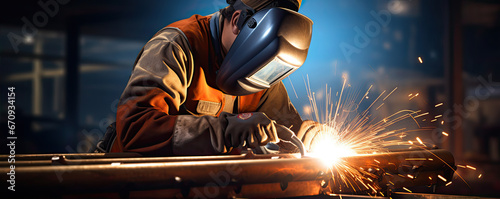 Welder welding metal contruction parts. banner