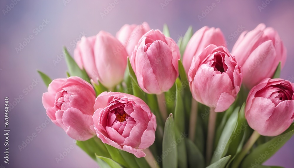 Fototapeta premium Beautiful pink spring flowers Tulips bouquet on blurry background, delivery for gift concept