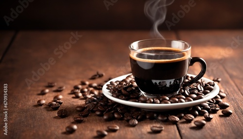 Cup of black morning coffee and coffee beans scattered on brown wooden table  espresso dark coffee aroma cafe shop background  warm hot beverage drink in mug  top view  copy space for text