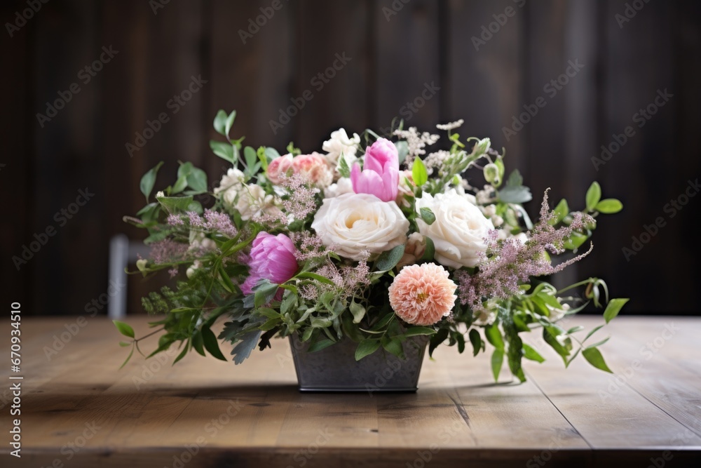 a floral wedding centerpiece arranged on a wooden table