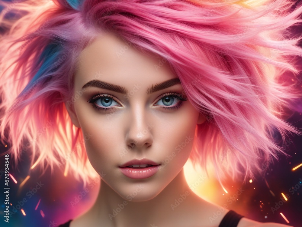 Closeup of Fashion young girl woman stylish pink hair looking at camera isolated, skincare, health concept