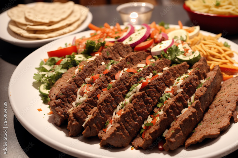 A plate with doner kebab on a wooden table. shish kabob, meat sticks. Generative AI A plate with doner kebab on a wooden table. shish kabob, meat sticks. Generative AI