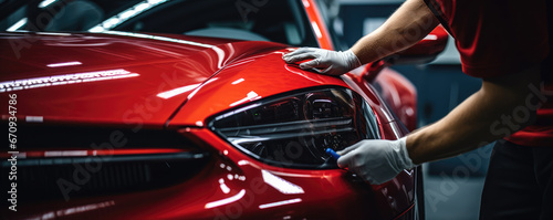 Car detailing close up.: man cleaning red sport car. © Alena