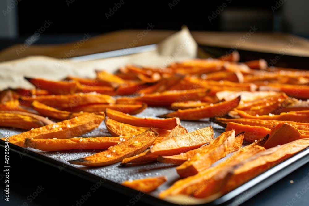 sweet potato fries on a baking sheet fresh from the oven