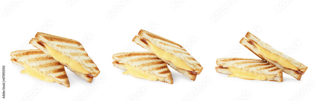 Tasty grilled sandwich with ham and melted cheese isolated on white, different sides